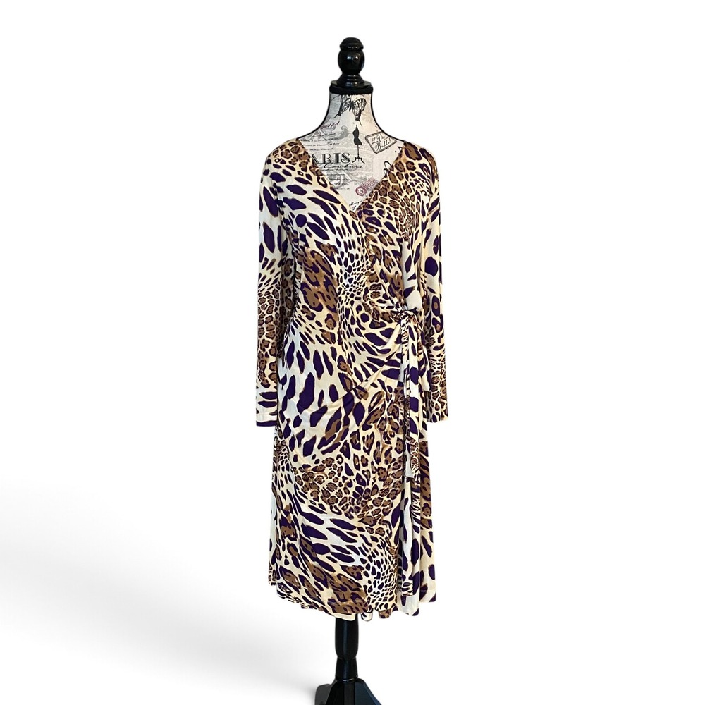 Tahari Arthur S Levine Faux Wrap Dress Womens 18W Leopard Print Midi